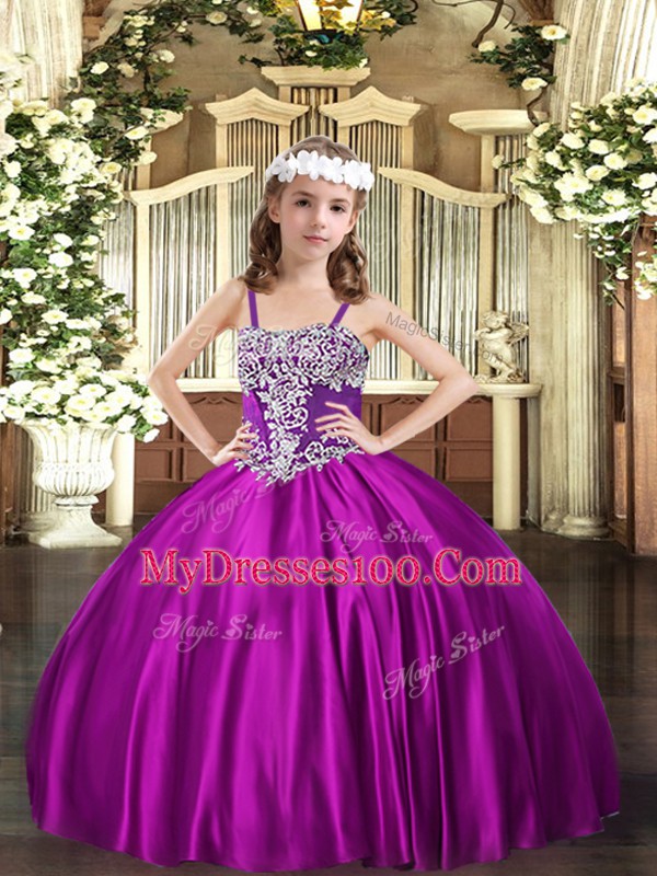 Stylish Ball Gowns Little Girl Pageant Gowns Fuchsia Straps Satin Sleeveless Floor Length Lace Up