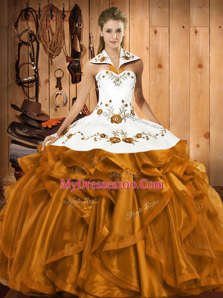 Floor Length Brown Quinceanera Gown Halter Top Sleeveless Lace Up