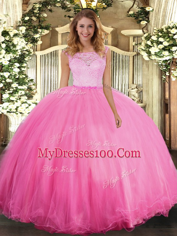 Top Selling Rose Pink Sleeveless Lace Floor Length Quinceanera Gown