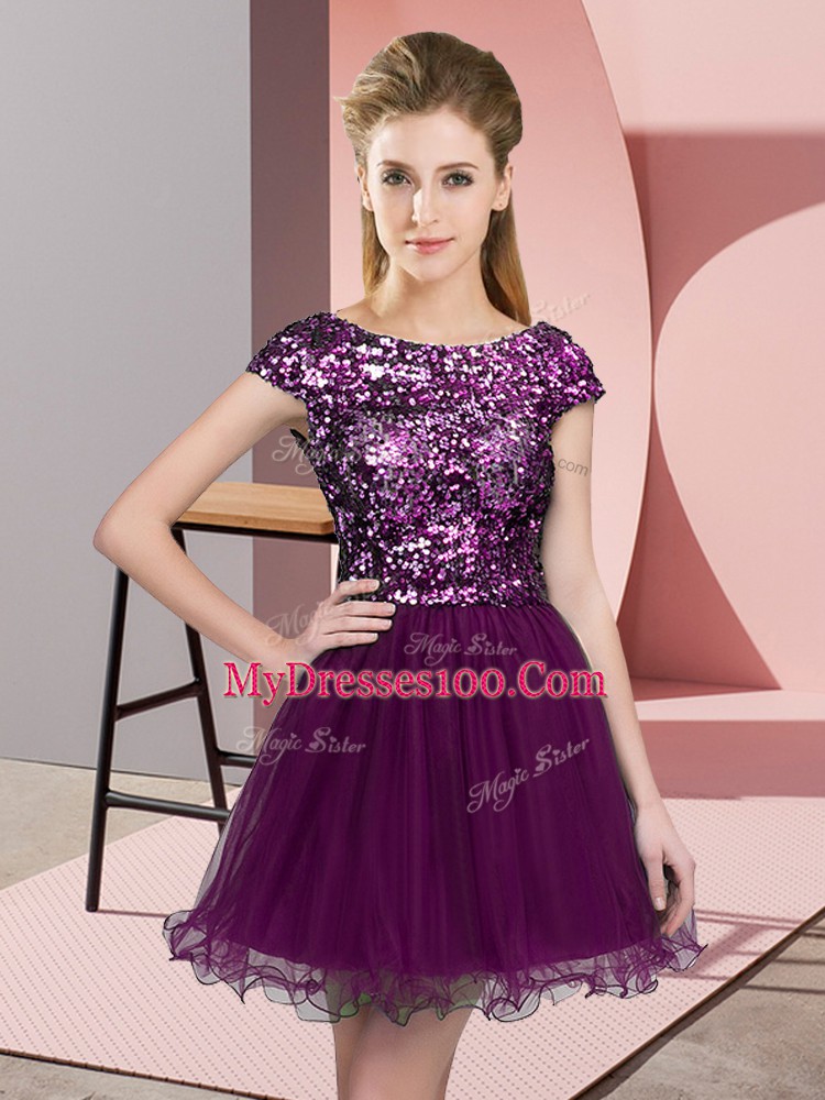 Affordable Scoop Cap Sleeves Bridesmaids Dress Mini Length Sequins Purple Tulle