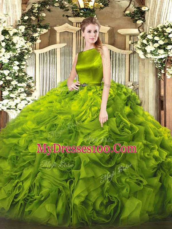 Dramatic Scoop Sleeveless Clasp Handle Quinceanera Gowns Olive Green Fabric With Rolling Flowers