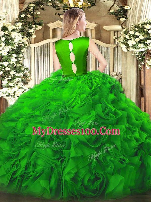 Dramatic Scoop Sleeveless Clasp Handle Quinceanera Gowns Olive Green Fabric With Rolling Flowers