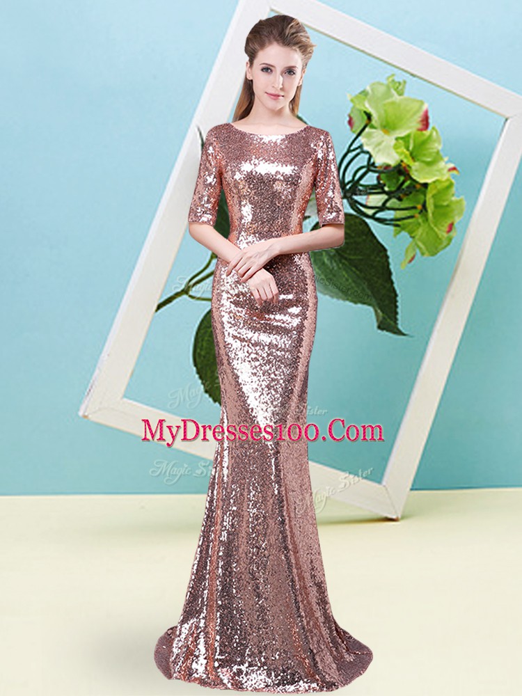 Hot Sale Floor Length Gold Prom Party Dress Sequined Half Sleeves Sequins