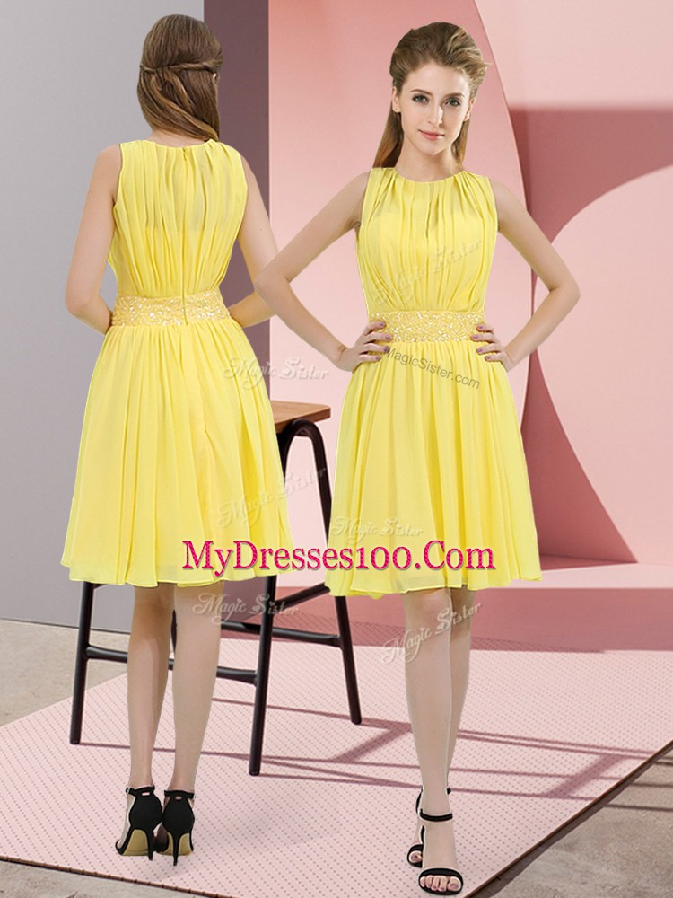 Dazzling Empire Wedding Party Dress Yellow Scoop Chiffon Sleeveless Knee Length Zipper