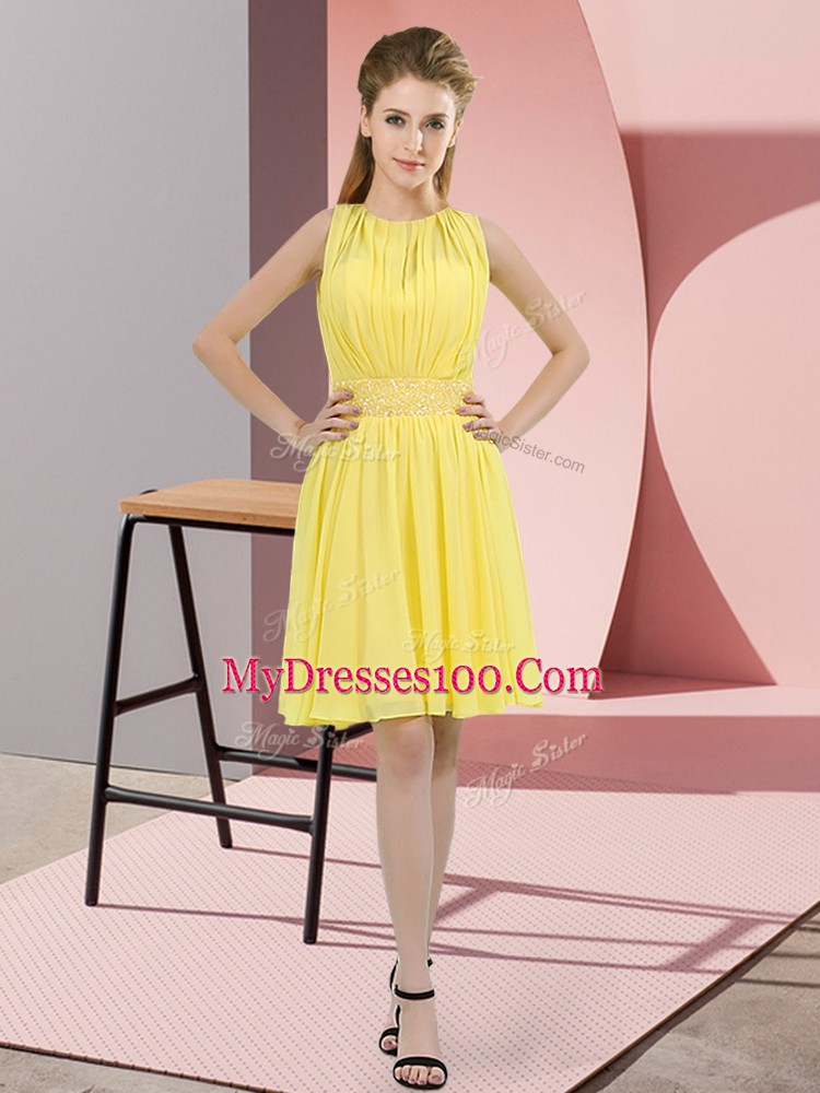 Dazzling Empire Wedding Party Dress Yellow Scoop Chiffon Sleeveless Knee Length Zipper