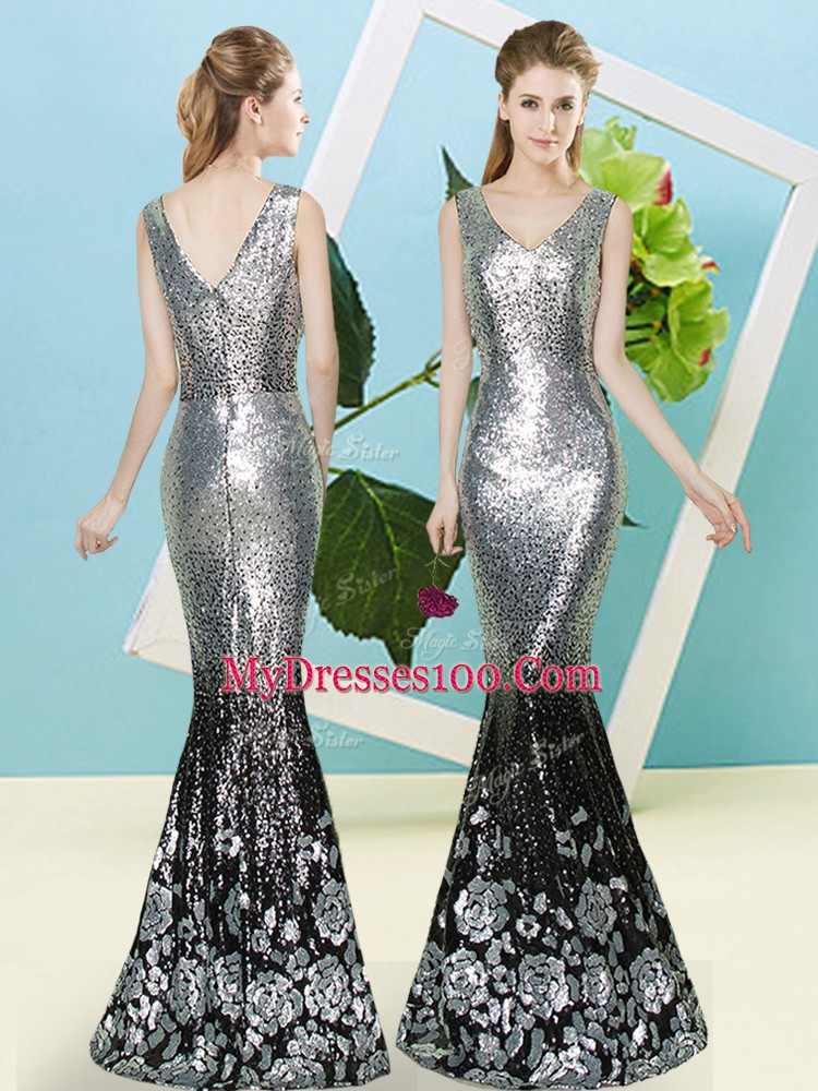 Hot Selling V-neck Sleeveless Prom Dresses Floor Length Sequins Silver Sequined