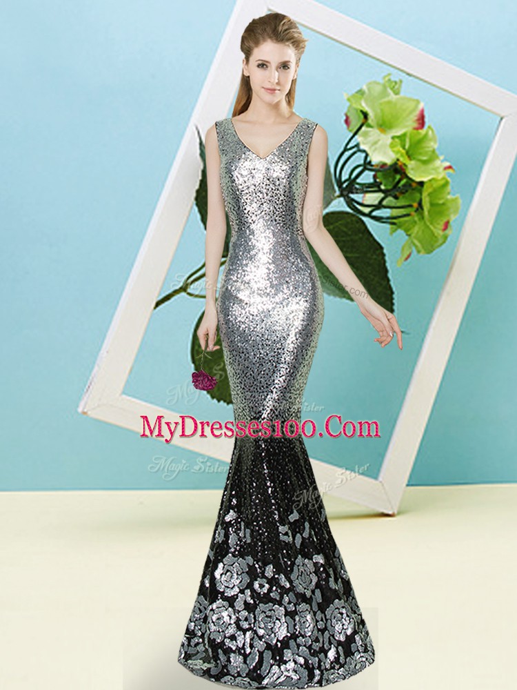 Hot Selling V-neck Sleeveless Prom Dresses Floor Length Sequins Silver Sequined