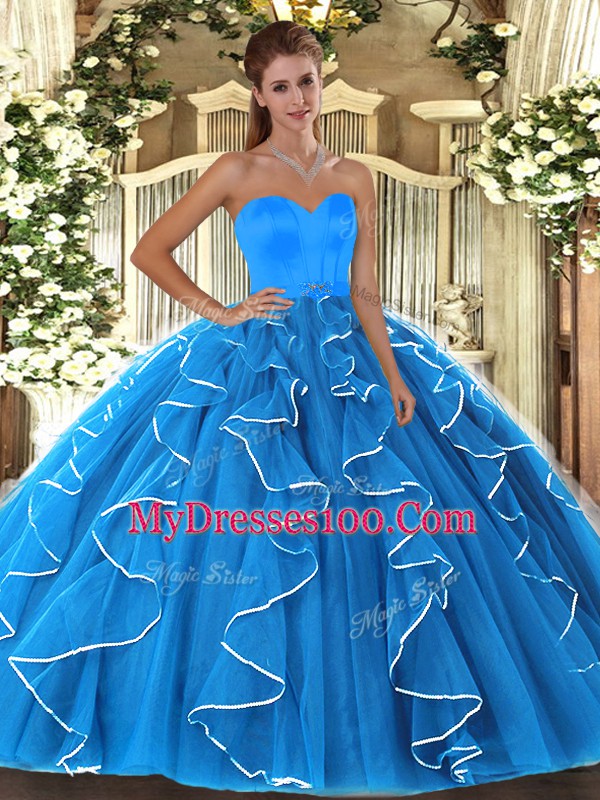 Great Sleeveless Floor Length Beading and Ruffles Lace Up 15th Birthday Dress with Baby Blue