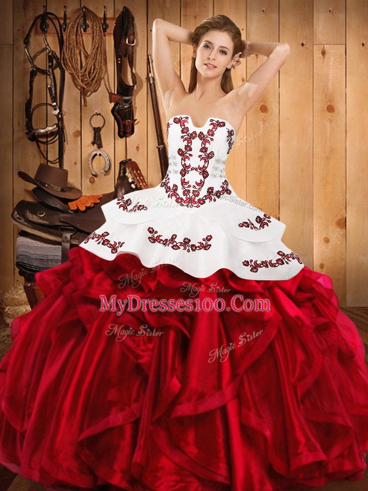 Custom Made Strapless Sleeveless Satin and Organza Quince Ball Gowns Embroidery and Ruffles Lace Up