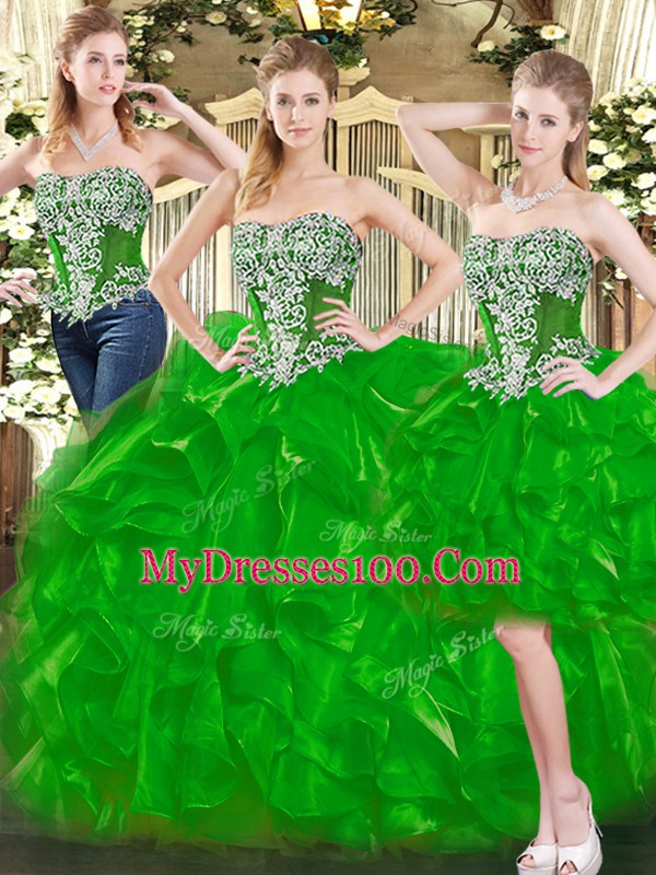 Clearance Sweetheart Sleeveless Sweet 16 Dresses Floor Length Beading and Ruffles Green Organza