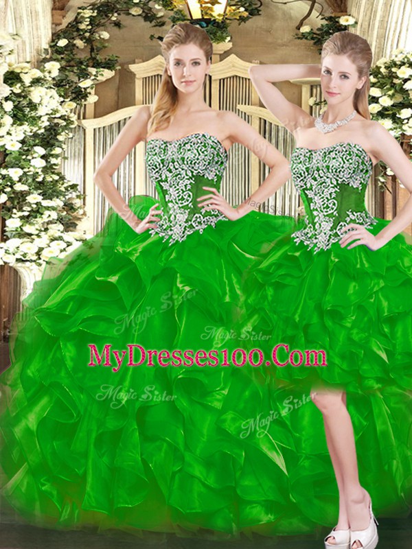 Clearance Sweetheart Sleeveless Sweet 16 Dresses Floor Length Beading and Ruffles Green Organza