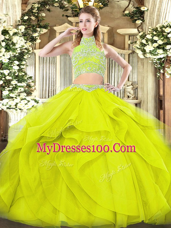 Enchanting Floor Length Two Pieces Sleeveless Yellow Green Ball Gown Prom Dress Backless