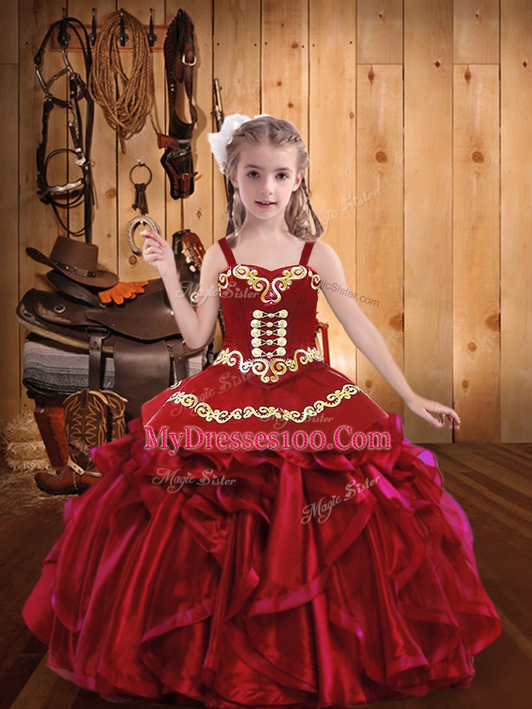 Luxurious Sleeveless Organza Lace Up Pageant Gowns For Girls in Red with Embroidery and Ruffles