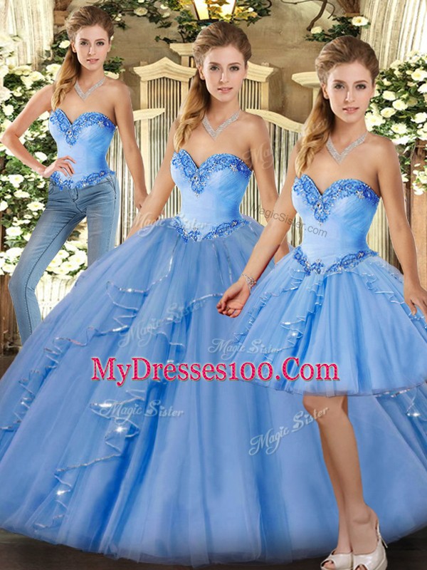 Sweetheart Sleeveless Lace Up Quinceanera Dresses Baby Blue Organza