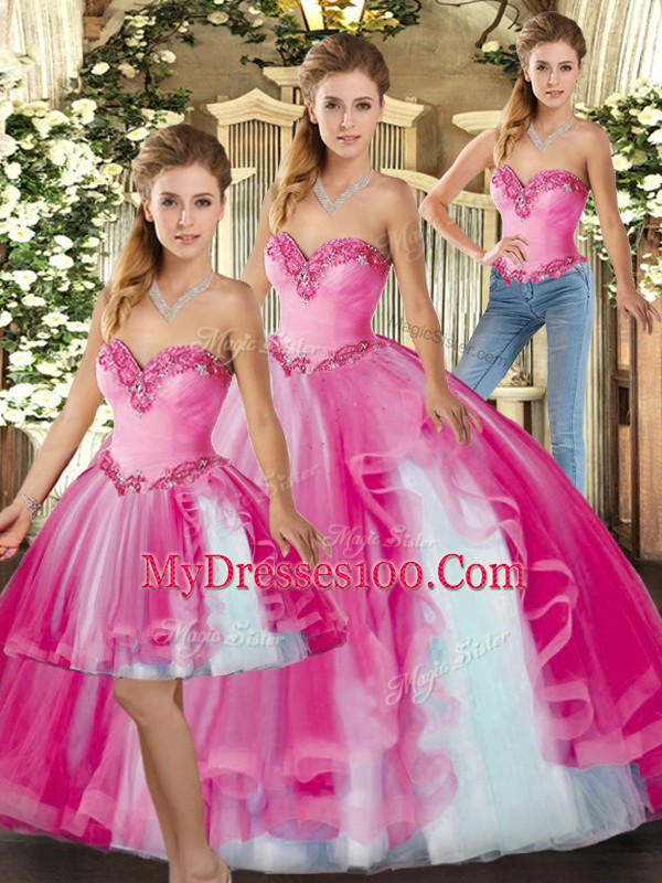 Fuchsia Sleeveless Ruffles Floor Length Quince Ball Gowns