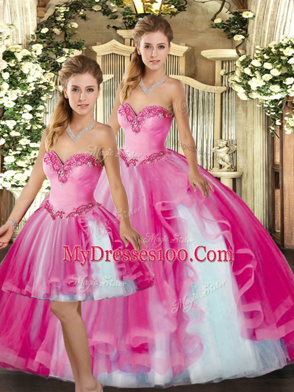 Fuchsia Sleeveless Ruffles Floor Length Quince Ball Gowns