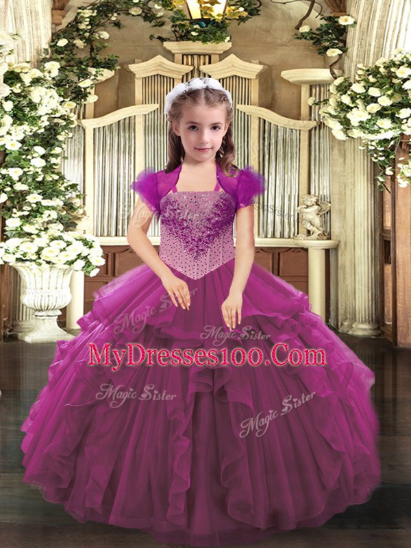 Exquisite Fuchsia Organza Lace Up Straps Sleeveless Floor Length Pageant Dress Beading and Ruffles