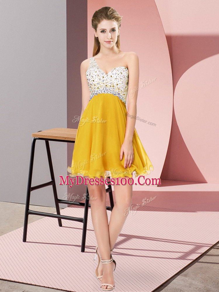 On Sale Gold Criss Cross One Shoulder Beading Homecoming Dress Chiffon Sleeveless