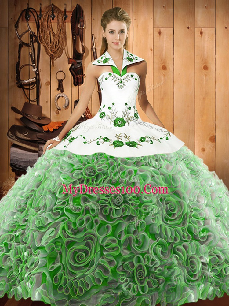 Customized Multi-color Sleeveless Organza and Fabric With Rolling Flowers Sweep Train Lace Up Sweet 16 Quinceanera Dress for Party and Military Ball and Sweet 16 and Quinceanera