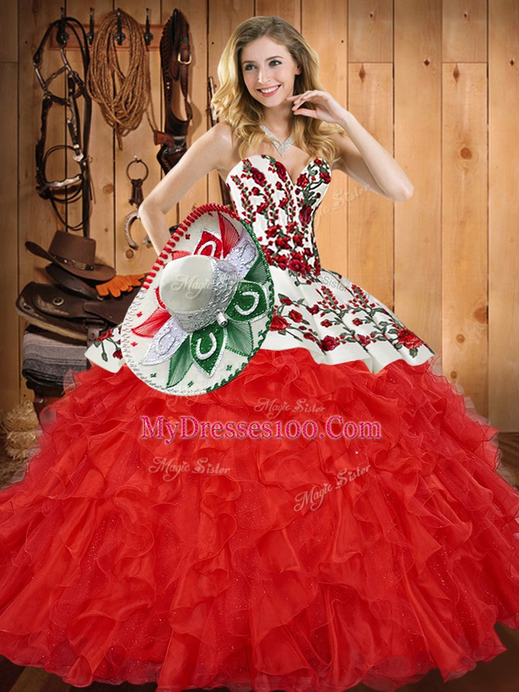 Ball Gowns Quinceanera Dress Red Sweetheart Tulle Sleeveless Floor Length Lace Up