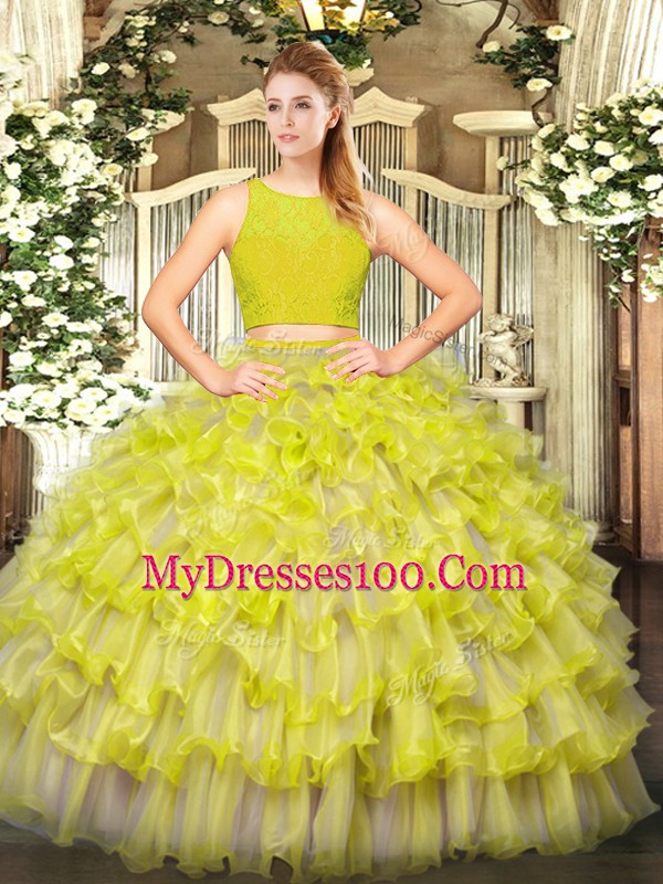 On Sale Floor Length Zipper 15 Quinceanera Dress Yellow Green for Military Ball and Sweet 16 and Quinceanera with Ruffled Layers