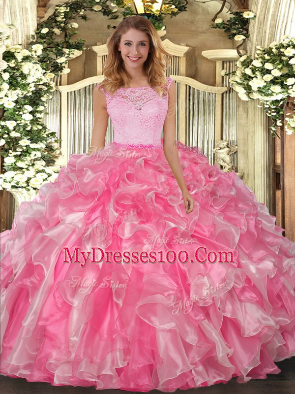 Sleeveless Floor Length Lace and Ruffles Clasp Handle Ball Gown Prom Dress with Hot Pink