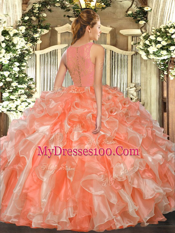 Sleeveless Floor Length Lace and Ruffles Clasp Handle Ball Gown Prom Dress with Hot Pink