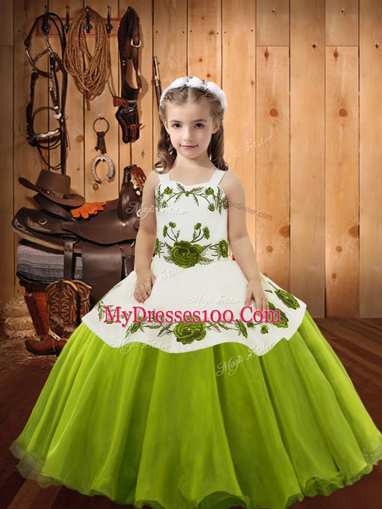 Fancy Floor Length Olive Green Little Girl Pageant Dress Straps Sleeveless Lace Up
