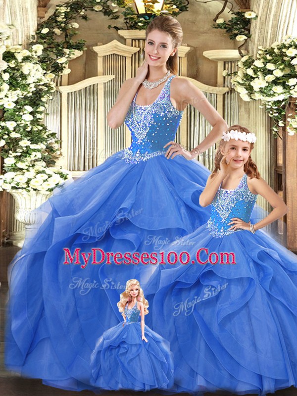 Best Blue Lace Up 15th Birthday Dress Beading and Ruffles Sleeveless Floor Length