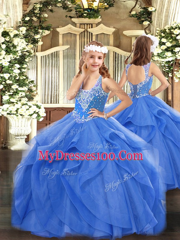 Best Blue Lace Up 15th Birthday Dress Beading and Ruffles Sleeveless Floor Length
