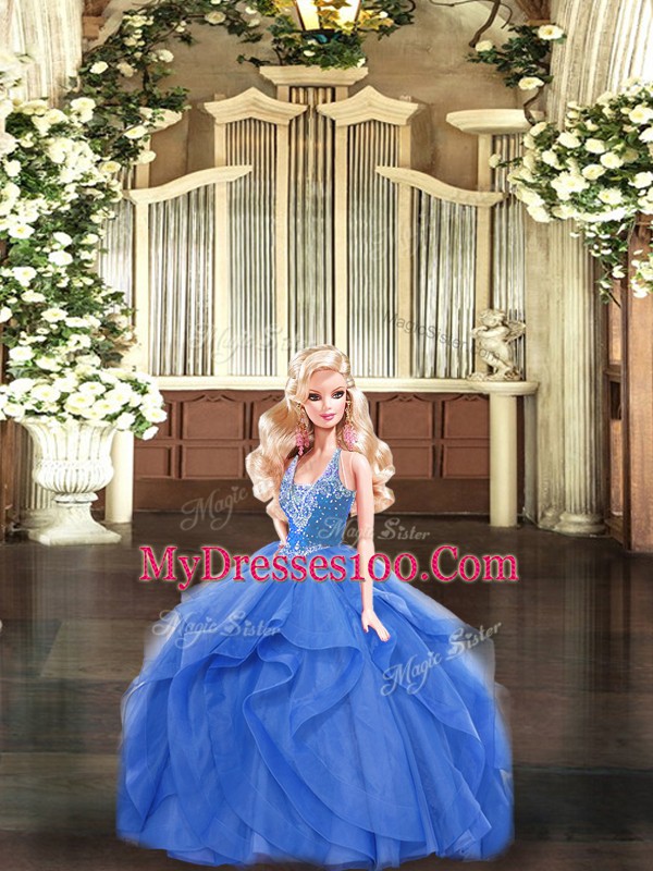 Best Blue Lace Up 15th Birthday Dress Beading and Ruffles Sleeveless Floor Length