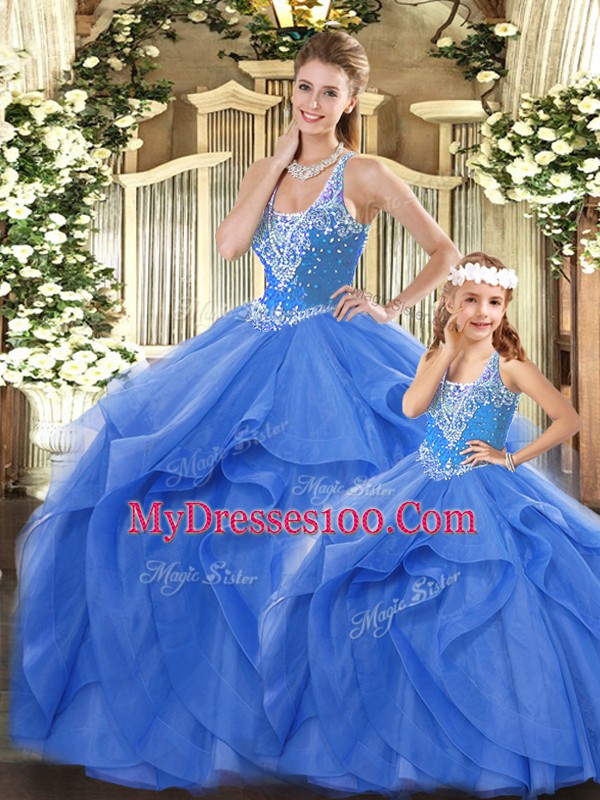 Best Blue Lace Up 15th Birthday Dress Beading and Ruffles Sleeveless Floor Length