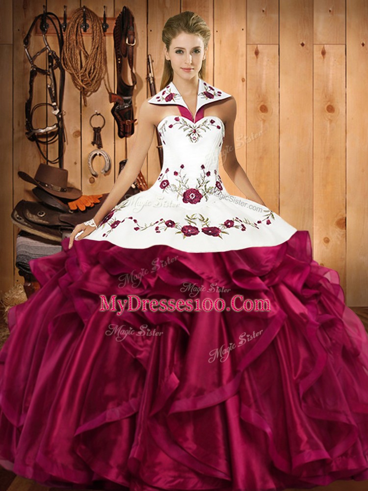 Spectacular Fuchsia Halter Top Neckline Embroidery and Ruffles Quince Ball Gowns Sleeveless Lace Up
