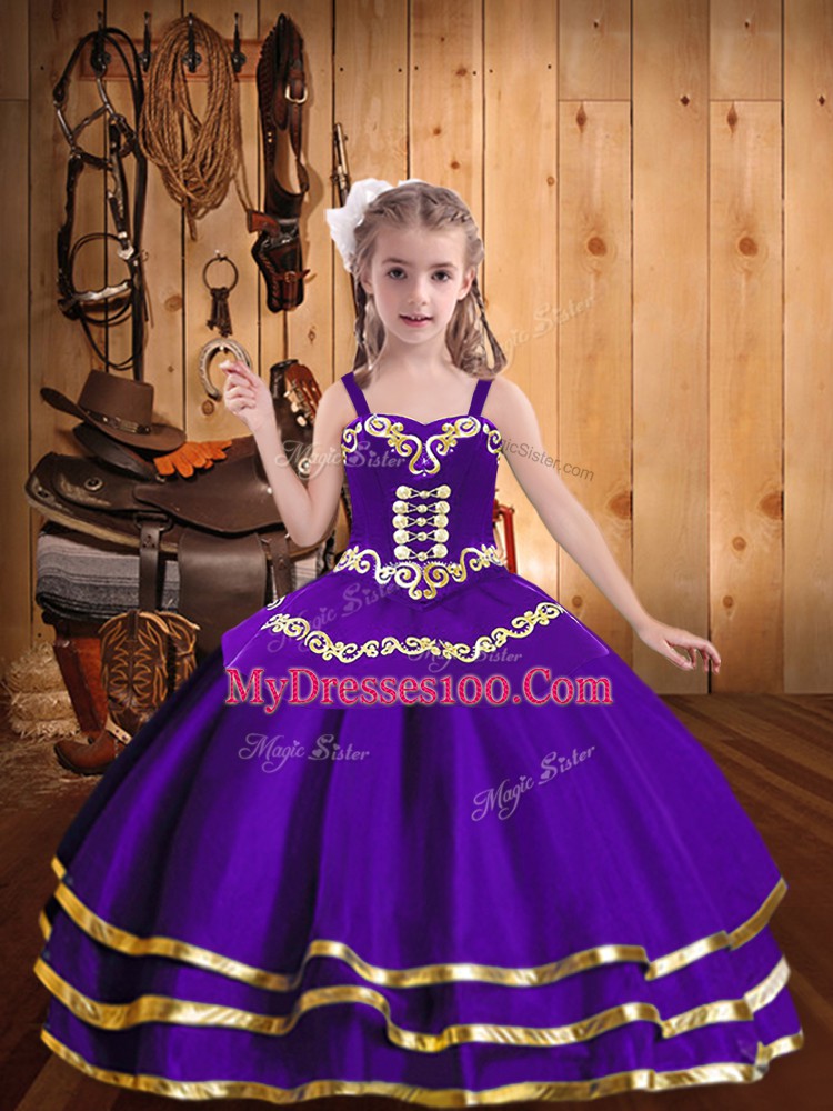 Stylish Purple Sleeveless Floor Length Embroidery and Ruffled Layers Lace Up Kids Formal Wear