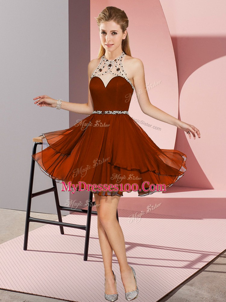 Rust Red Zipper Sweetheart Beading Prom Party Dress Chiffon Sleeveless