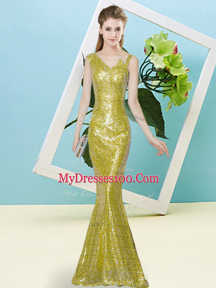 Yellow Mermaid Asymmetric Sleeveless Sequined Floor Length Zipper Sequins Prom Party Dress