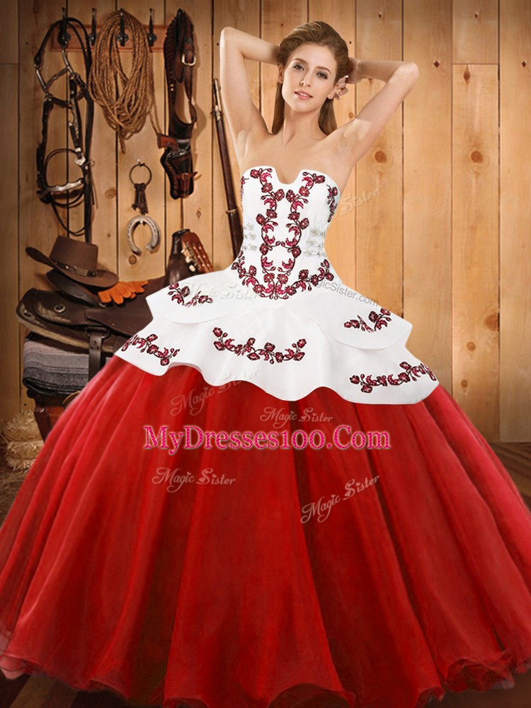 Designer Floor Length Red Sweet 16 Dress Strapless Sleeveless Lace Up