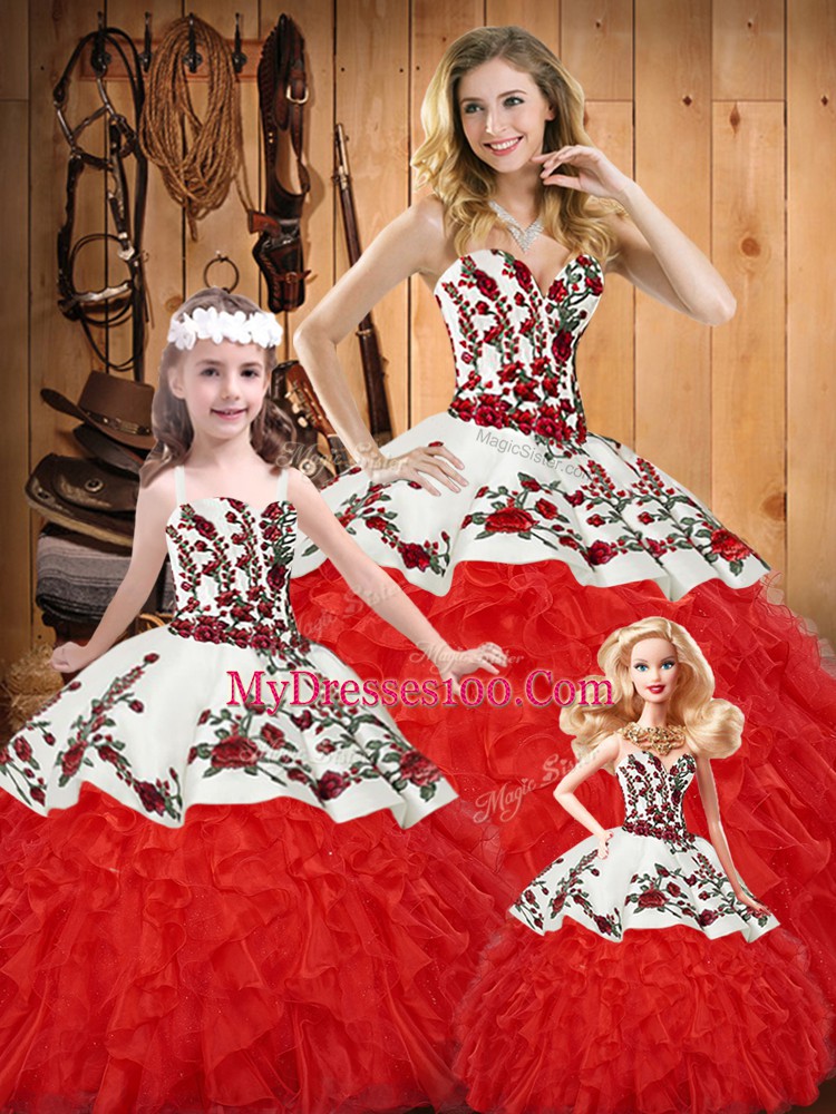 Elegant White And Red Ball Gowns Embroidery and Ruffles Vestidos de Quinceanera Lace Up Satin and Organza Sleeveless Floor Length