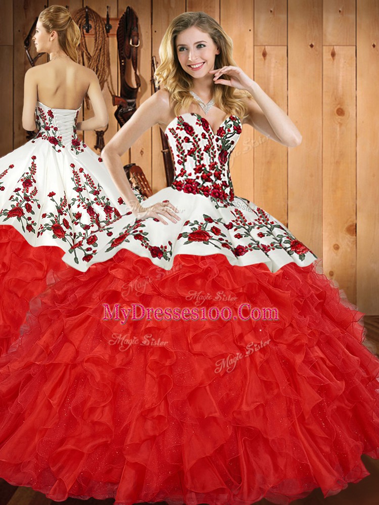 Elegant White And Red Ball Gowns Embroidery and Ruffles Vestidos de Quinceanera Lace Up Satin and Organza Sleeveless Floor Length