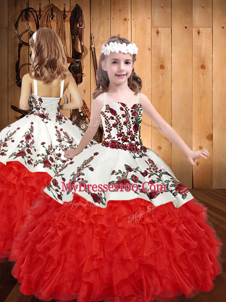 Elegant White And Red Ball Gowns Embroidery and Ruffles Vestidos de Quinceanera Lace Up Satin and Organza Sleeveless Floor Length