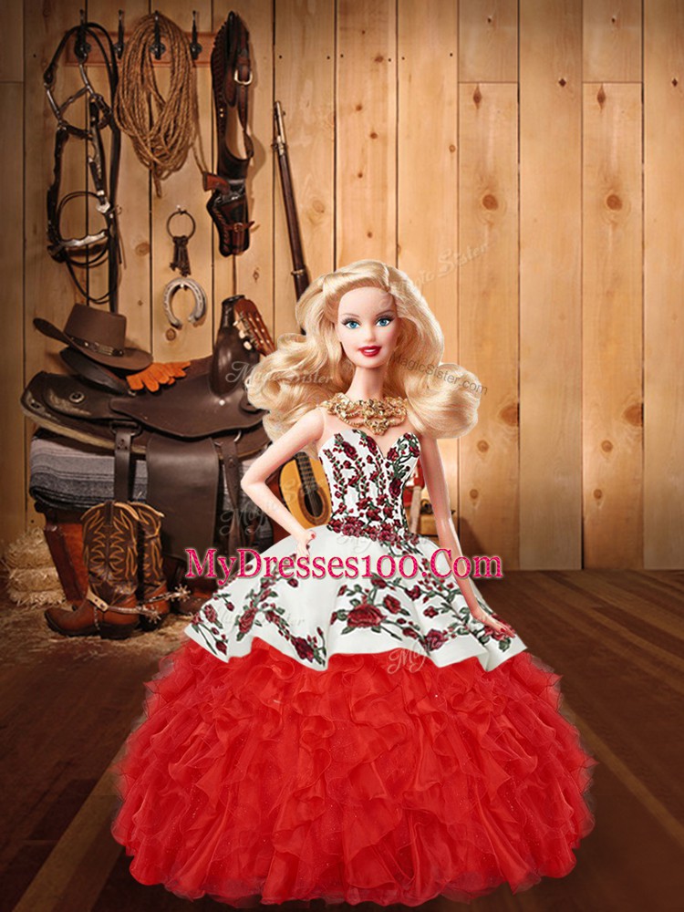 Elegant White And Red Ball Gowns Embroidery and Ruffles Vestidos de Quinceanera Lace Up Satin and Organza Sleeveless Floor Length