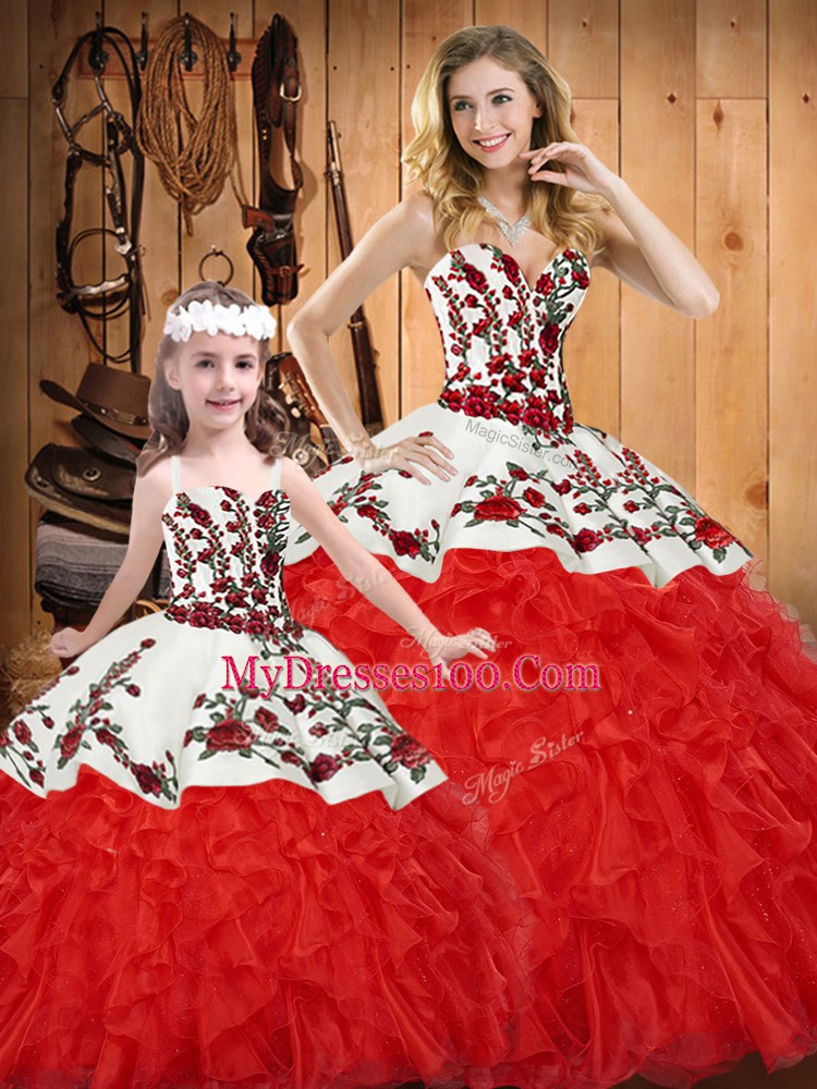 Elegant White And Red Ball Gowns Embroidery and Ruffles Vestidos de Quinceanera Lace Up Satin and Organza Sleeveless Floor Length