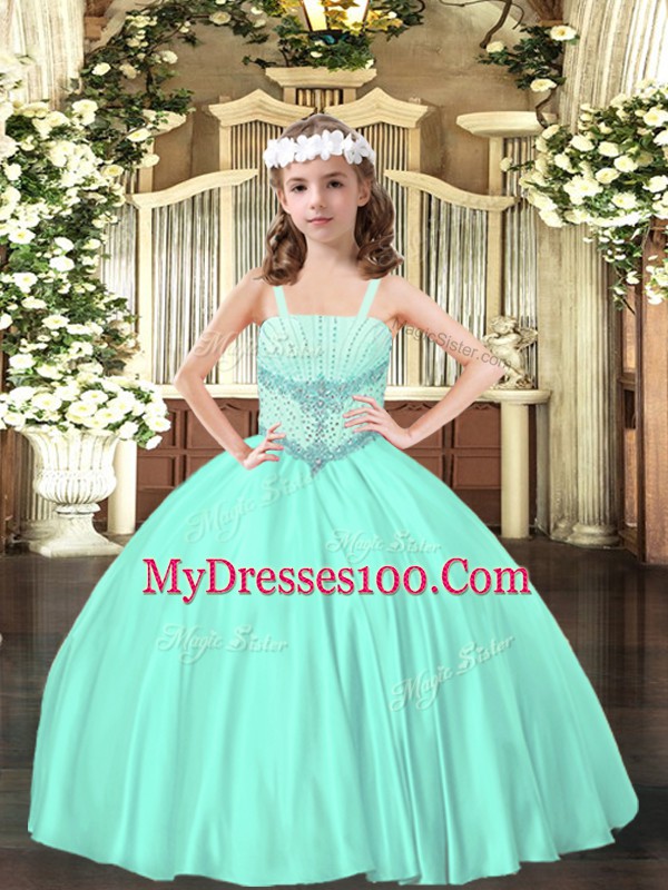 Sleeveless Satin Floor Length Lace Up Girls Pageant Dresses in Apple Green with Beading