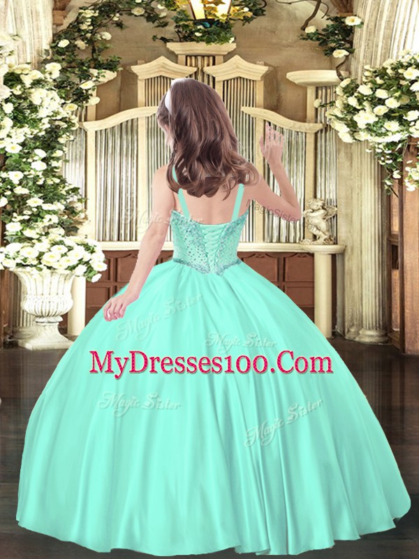 Sleeveless Satin Floor Length Lace Up Girls Pageant Dresses in Apple Green with Beading