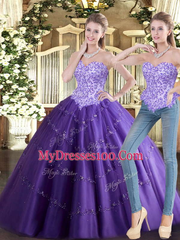 Unique Purple Ball Gowns Beading Sweet 16 Dress Lace Up Tulle Sleeveless Floor Length