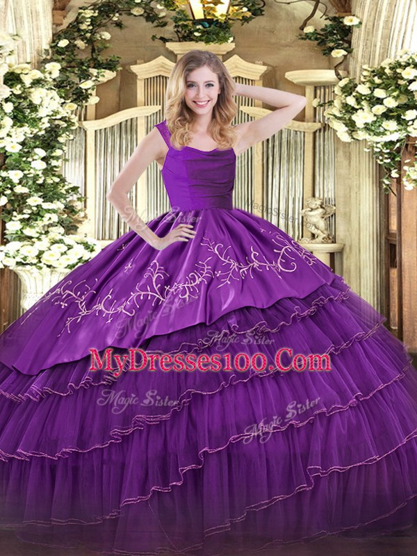 Glorious Sleeveless Floor Length Embroidery and Ruffled Layers Zipper 15 Quinceanera Dress with Eggplant Purple