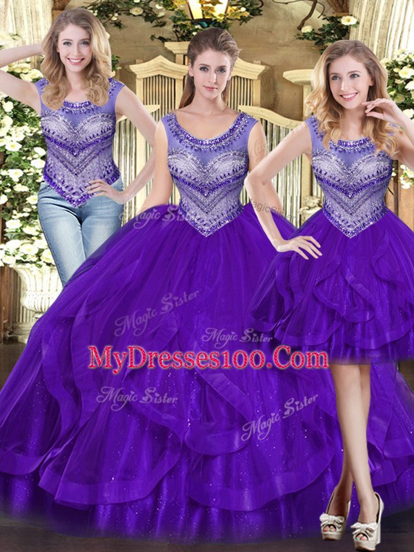 Beading and Ruffles Quinceanera Dresses Purple Lace Up Sleeveless Floor Length