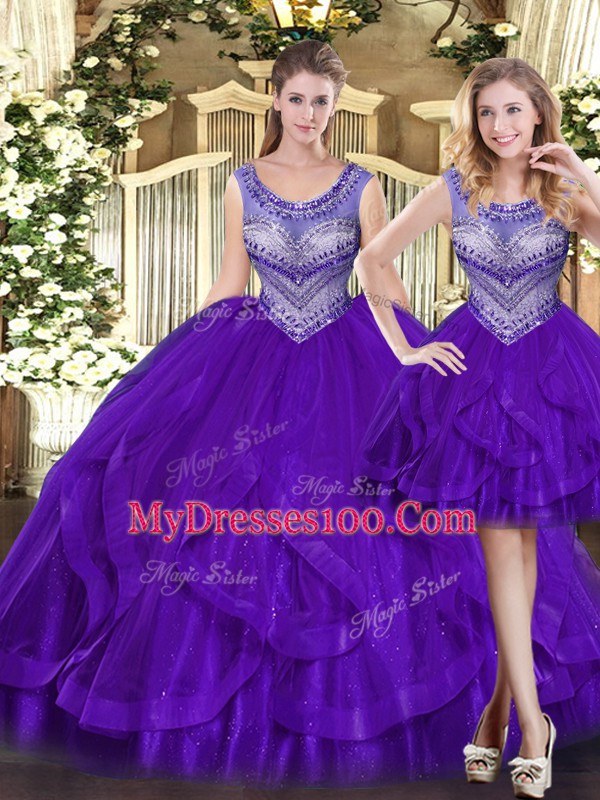 Beading and Ruffles Quinceanera Dresses Purple Lace Up Sleeveless Floor Length