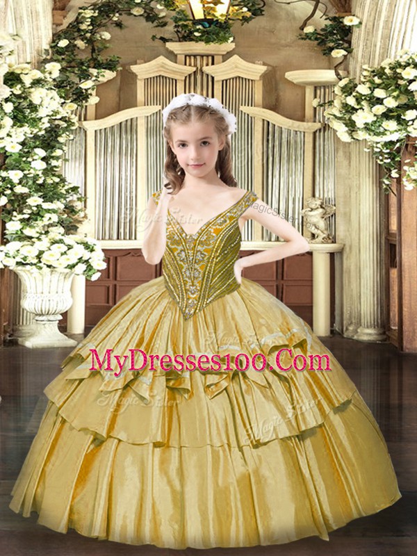 Floor Length Gold Girls Pageant Dresses V-neck Sleeveless Lace Up