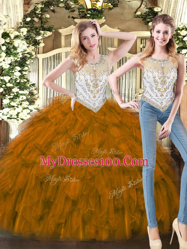 Scoop Sleeveless 15 Quinceanera Dress Floor Length Beading and Ruffles Brown Organza